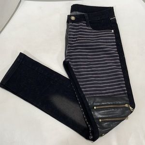 Black zipper stripe patchwork faux leather velvet skinny biker jeans 27 not new
